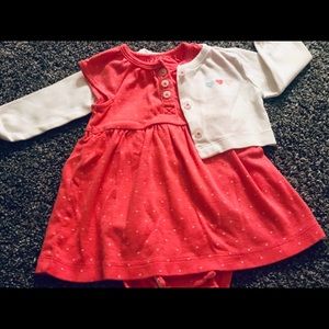 Bright pink baby girl dress with white cardigan